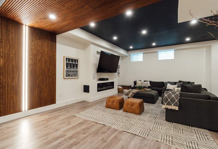 Living Space — ceiling detail, lighting, and built-in storage